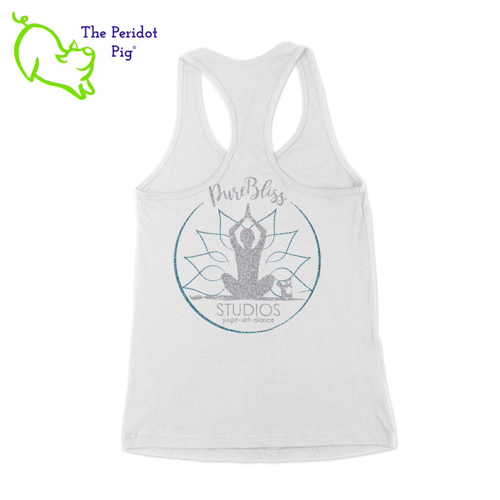 A comfy racerback tank with a loose cut. Perfect for layering!  The back has the PureBliss Studios logo in glitter and holo vinyl. The front has a little "love" on the bottom left side. Back view shown in white.