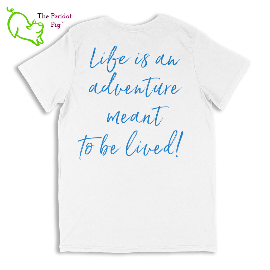 This unisex tee has a classic crew neck cut and fits like a well-loved favorite. The shirt is super soft with a cotton feel. The front design shows a Kristin Zako's All in Life logo in bright blue and purple. The back has the saying, "Life is an adventure meant to be lived". This is a blend fabric so the print will come out in a "vintage" slightly faded look. Back view in White.