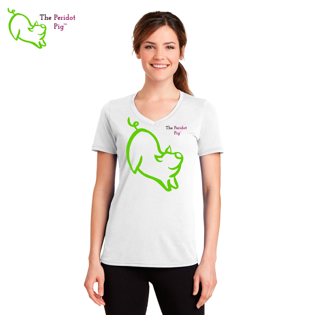 Everyone loves our spritely Peri Pig logo so we made an extra-large version of him on a comfy v-neck t-shirt. These super soft shirts are made from a poly cotton blend that is super soft. The print is a vivid sublimation print that won't crack or fade over time. Front view shown on a model.
