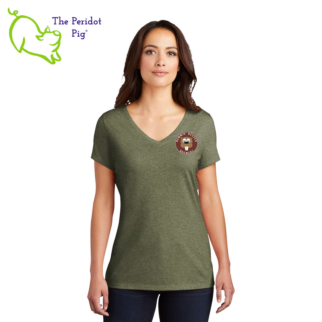 These t-shirts have a great weight and a super, soft feel. Made with a flattering v-neck, taped seams and a loose cut. The front features the Bummin' Beaver Brewery logo and the back has the words, "Bummin' Beaver Brewery" in their woodsy font. Front view shown in Military Green Frost.