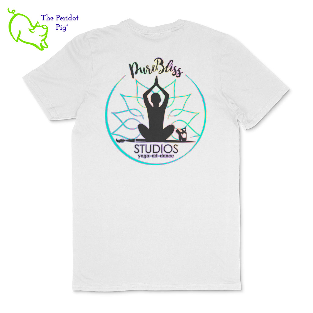 A v-neck soft-style t-shirt with a loose boxy cut. The back has the PureBliss Studios logo in a large holographic vinyl and the logo printed over the top of the vinyl. The front has a little "love" on the bottom left side. Back view shown in black.