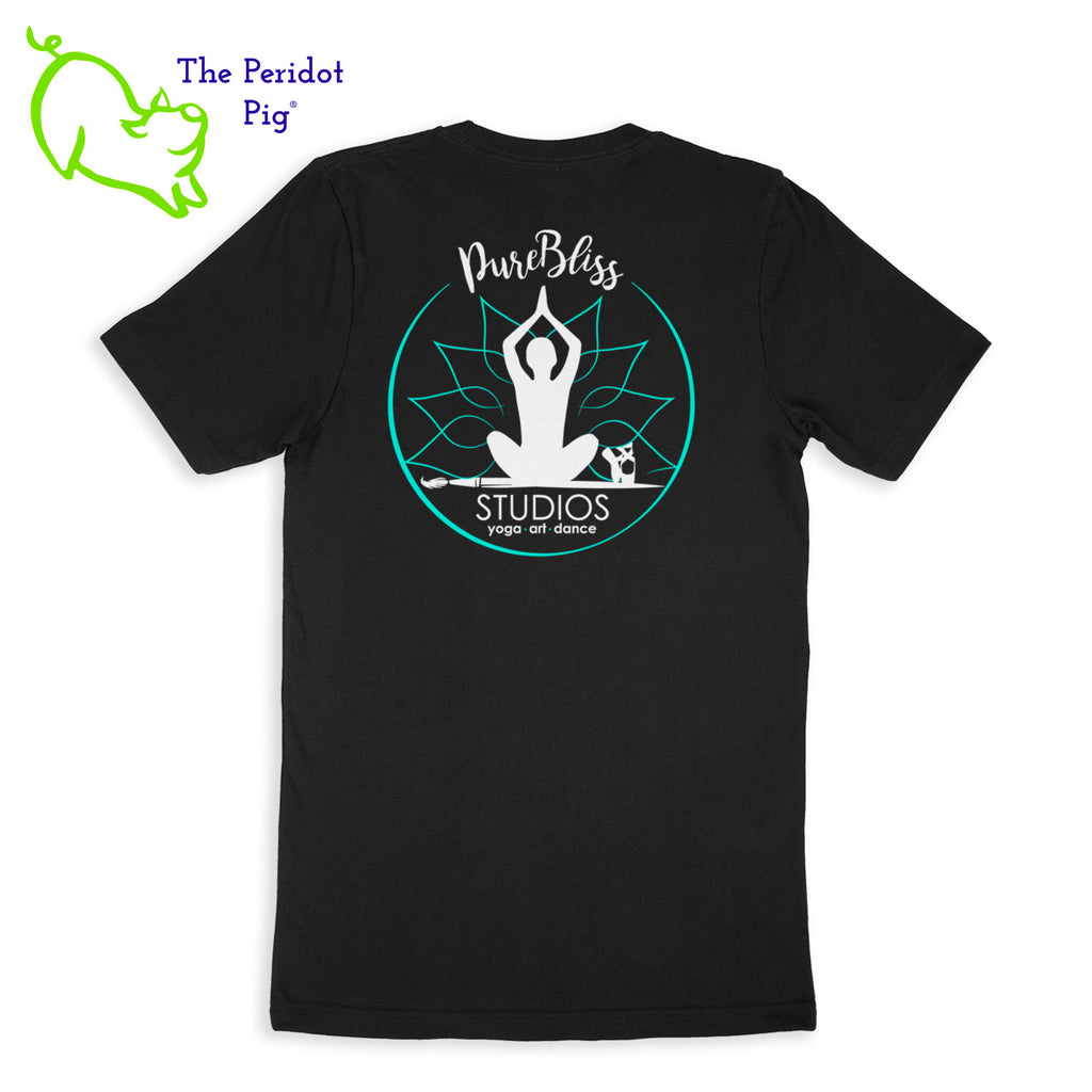 A soft-style cotton t-shirt with a fitted retail cut. The back has the PureBliss Studios logo in a matte vinyl. The front has a little "love" on the bottom left side. Back view shown in black.