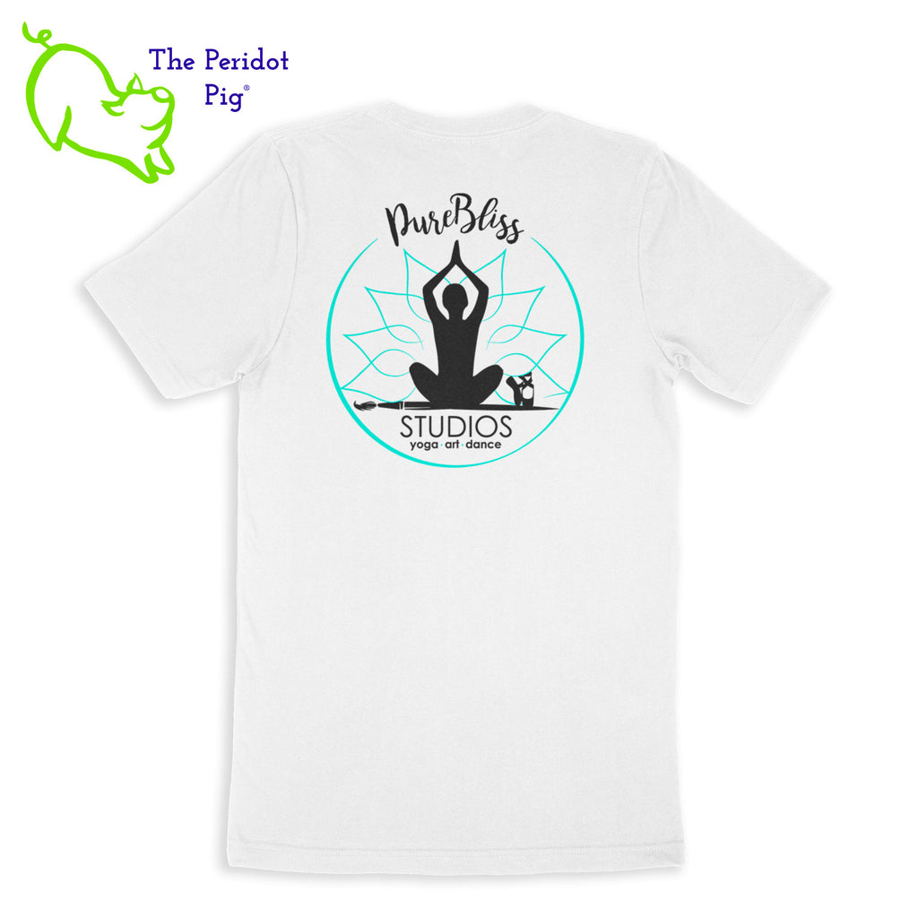 A soft-style cotton t-shirt with a fitted retail cut. The back has the PureBliss Studios logo in a matte vinyl. The front has a little "love" on the bottom left side. Back view shown in white.