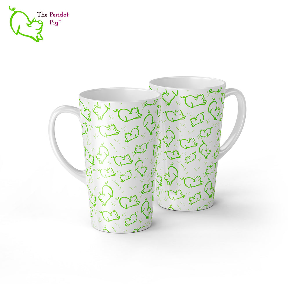 Peri's perky little peridot self is frolicking across this mug. Frolicking so much that you have to call it dancing a pig jig. These latte mugs have a distinctive shape and can be purchased in either a 12 oz or 17 oz size. Front and Back view 17 oz.