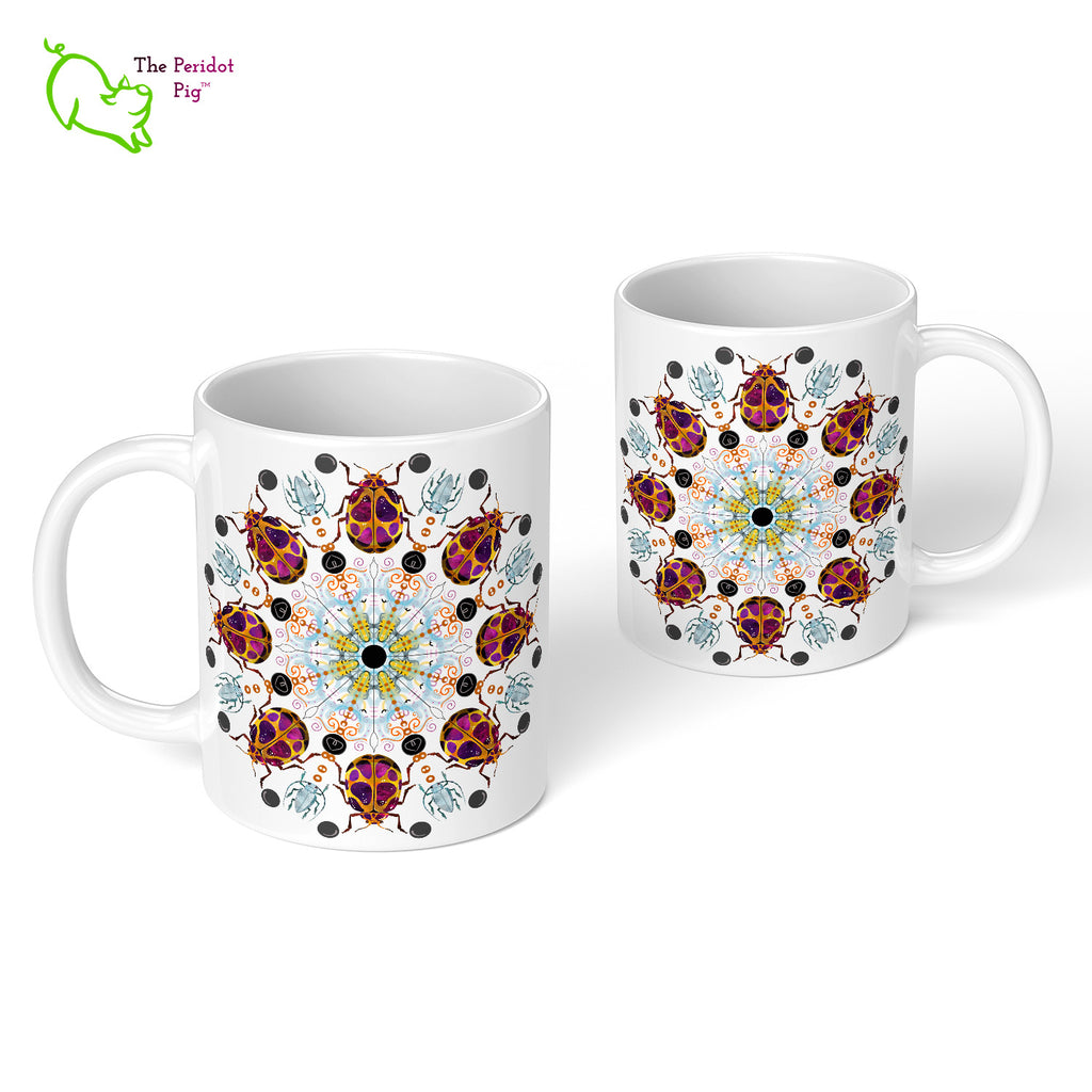 A colorful mandala of beetles graces this 11 oz mug. Printed on a glossy white mug, these bugs really pop! Front and Back view.