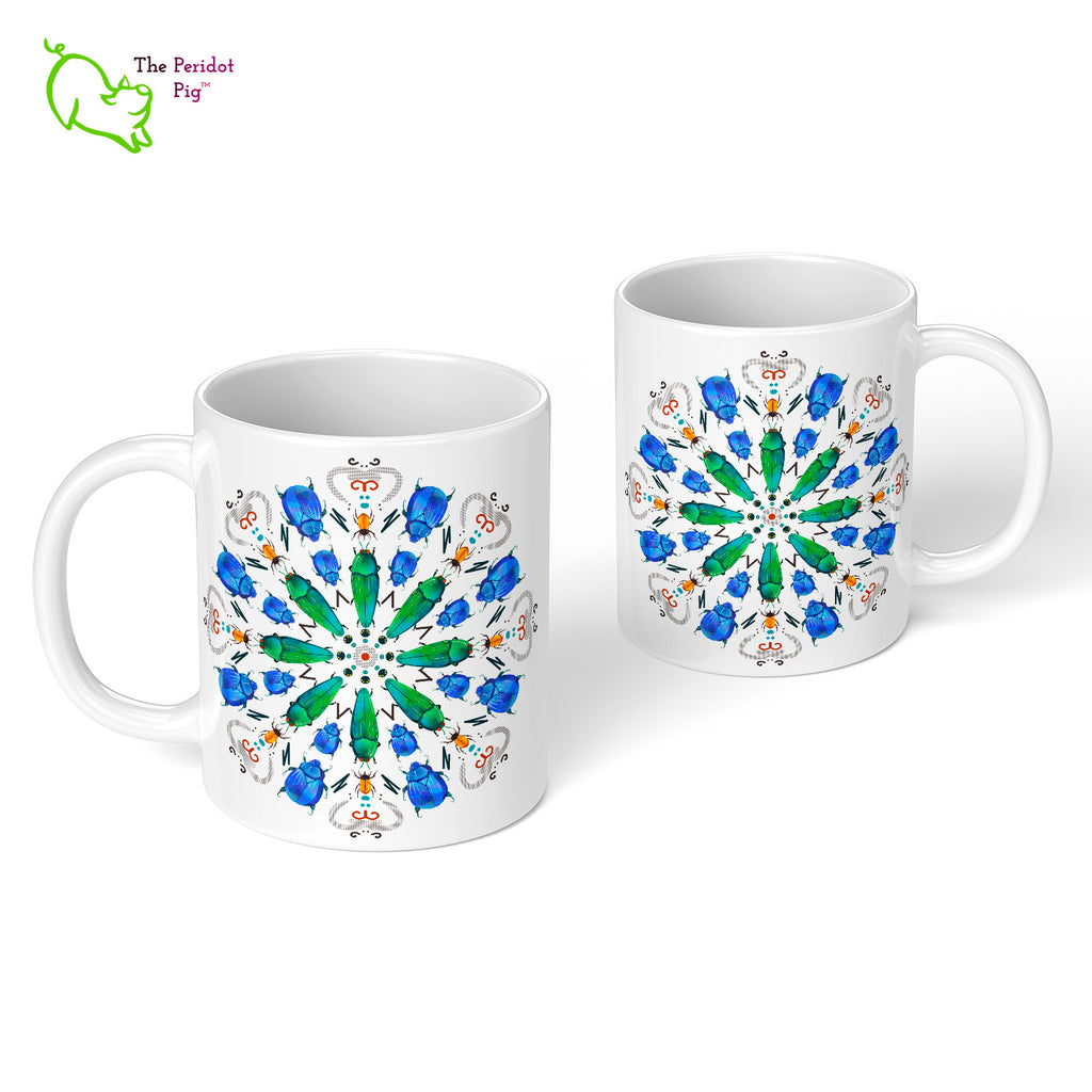 A colorful mandala of beetles graces this 11 oz mug. The center beetles have shades of bright green.  The smaller beetles are blue and orange. Printed on a glossy white mug, these bugs really pop! front and back view.