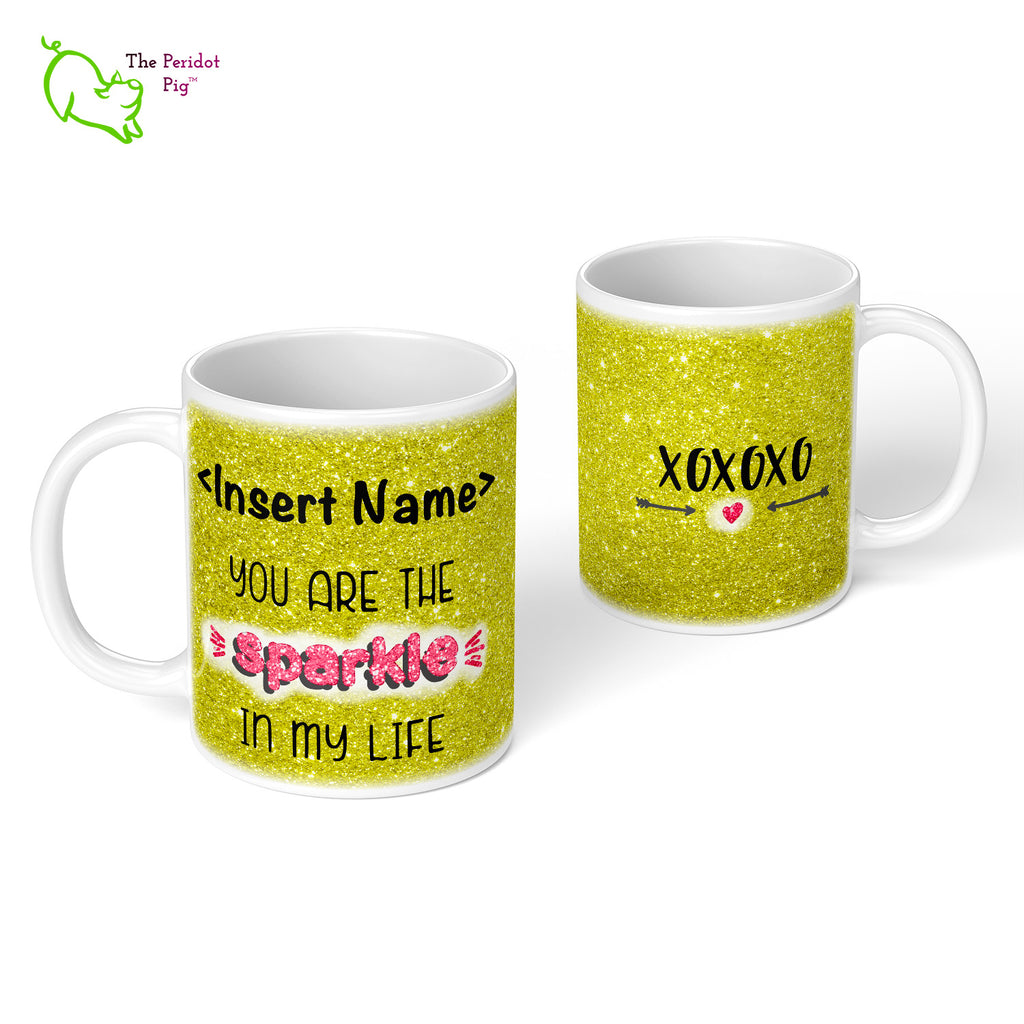 These shiny white gloss mugs feature a detailed, sparkly print that can be customized for that special glitter person in your life. Available in six different colors if you're not into pink, sparkling things. On the back, it has a simple XOXOXO (hugs and kisses). Gold front and back view.