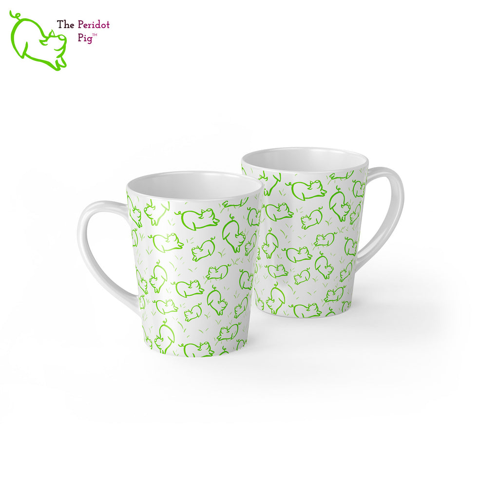 Peri's perky little peridot self is frolicking across this mug. Frolicking so much that you have to call it dancing a pig jig. These latte mugs have a distinctive shape and can be purchased in either a 12 oz or 17 oz size. Front and back view 12 oz.