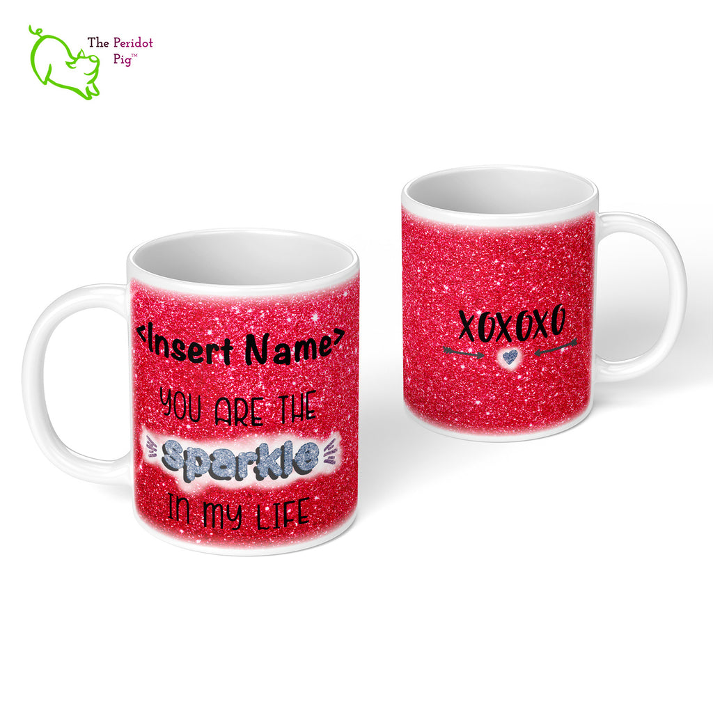 These shiny white gloss mugs feature a detailed, sparkly print that can be customized for that special glitter person in your life. Available in six different colors if you're not into pink, sparkling things. On the back, it has a simple XOXOXO (hugs and kisses). Red front and back view.