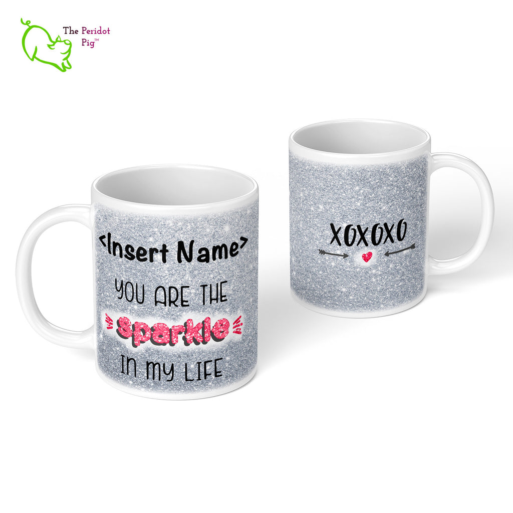 These shiny white gloss mugs feature a detailed, sparkly print that can be customized for that special glitter person in your life. Available in six different colors if you're not into pink, sparkling things. On the back, it has a simple XOXOXO (hugs and kisses). Silver front and back view.