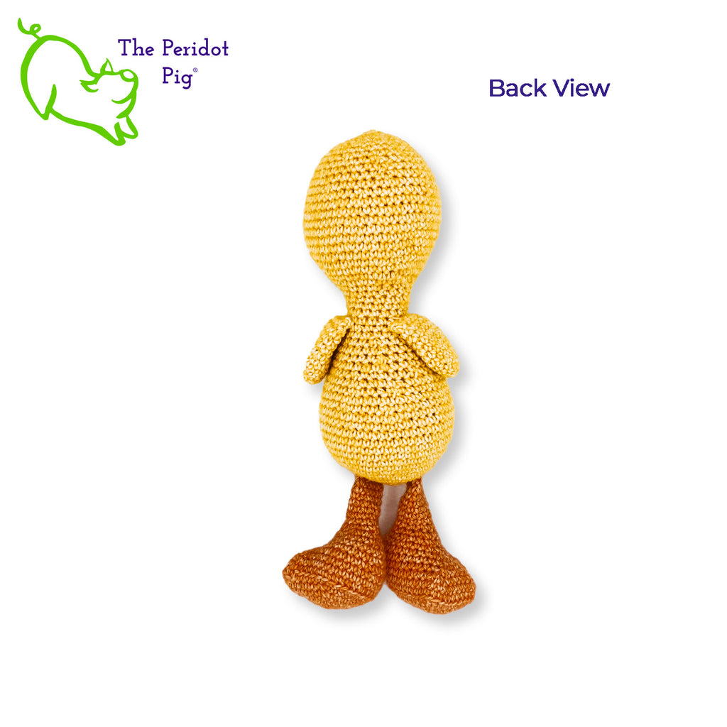 Susie is a rather serious little duckling. The gleam in her eyes, the slight tilt to her head. She's intensely focused. But it's the big duck feet that make her so cute! She's hand crocheted out of a soft cotton/acrylic blend and will last a lifetime. She's stuffed enough that her head stays upright but her legs are floppy enough to have her seated. Back view shown.