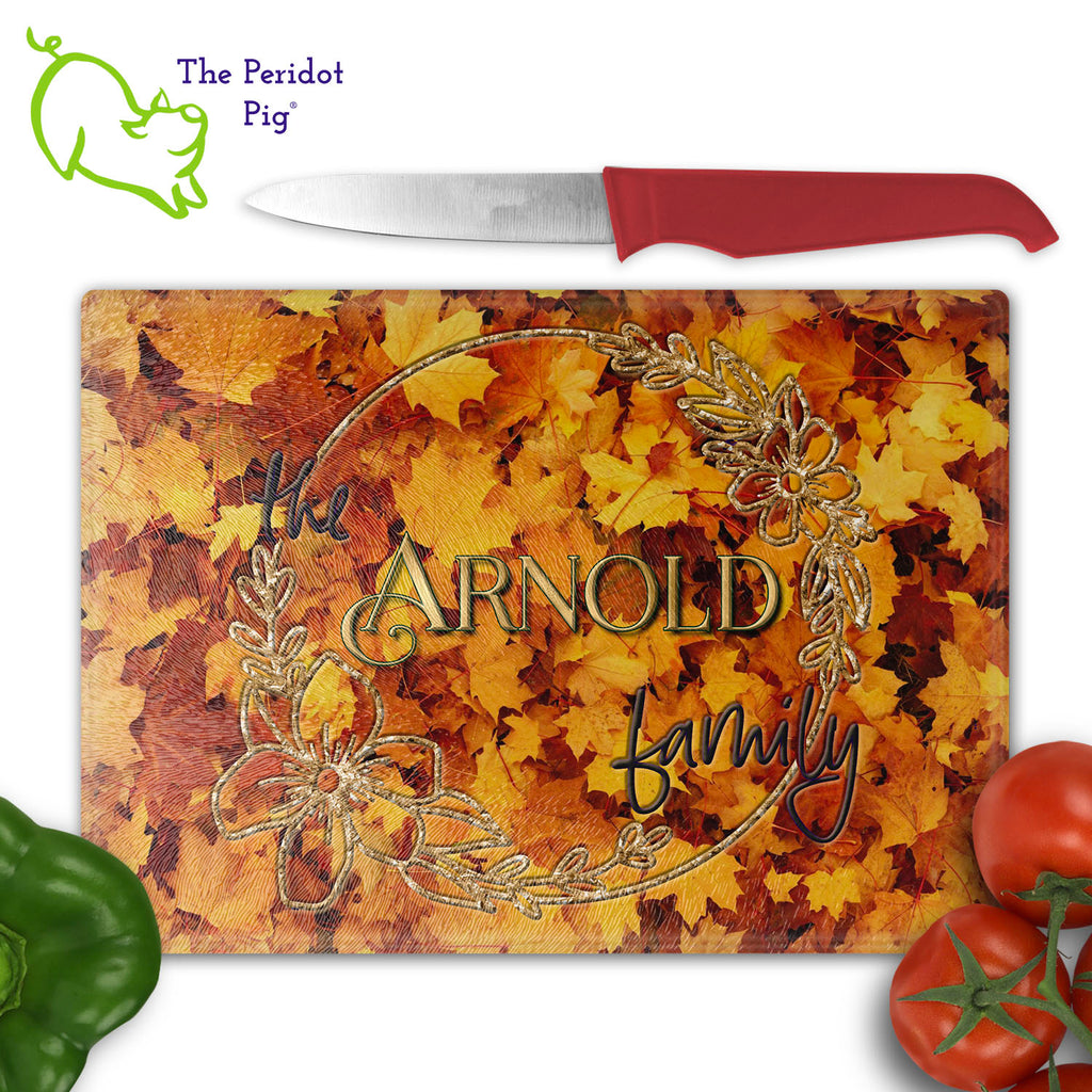 Can't find the perfect gift? How about a personalized glass cutting board in fall colors?? These make a perfect birthday, holiday or house warming gift! We've designed these with Autumn leaves in mind and a little 70s throwback vibe. They are printed in permanent sublimation colors that are vivid and bright. Medium/Large shown with sample name and kitchen utensils.