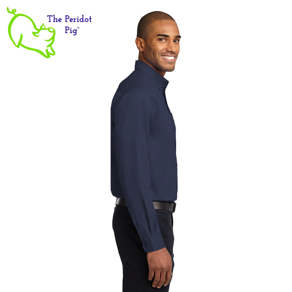 This comfortable wash-and-wear shirt is indispensable for the workday. Wrinkle resistance makes this shirt a cut above the competition so you and your staff can be, too. The Super Stud logo is on the front left. Side view in Navy.