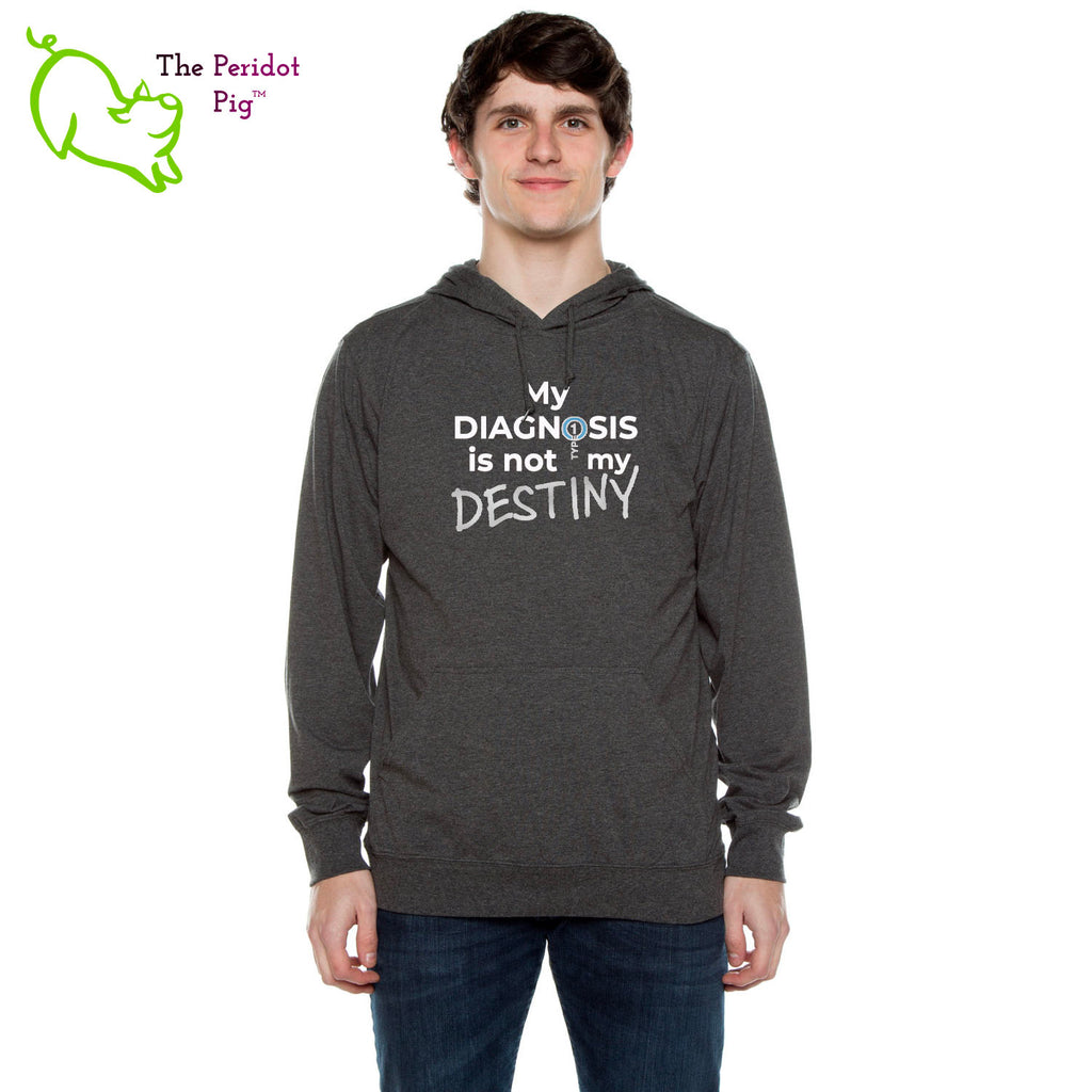 Our Type 1 Diabetes "My Diagnosis is not my DESTINY" long sleeve t-shirt hoodie is a light-weight version of your classic pullover hoodie. The front features the saying "My DIAGNOSIS is not my DESTINY" with our take on the Type 1 Diabetes logo. The back is blank. The image is a very thin, soft vinyl primarily in white. The outline of the logo and "DESTINY" are in silver with a touch of blue in the diabetes circle. Front view on a model.
