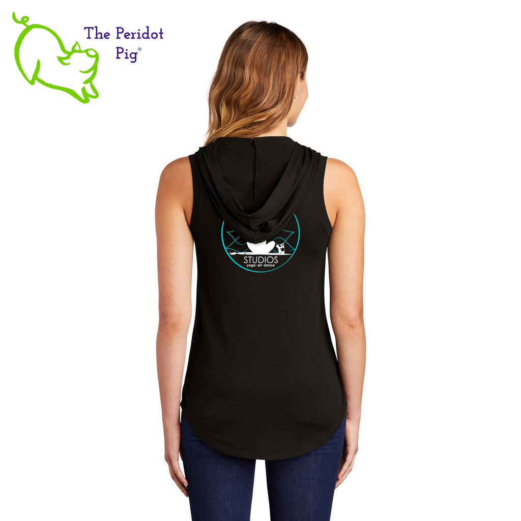 This sweet little hoodie tank is super soft, lightweight, and form-fitting (but not too tight in the mid-section) with a flattering cut. The arm holes have a finished rib knit edging. The back features the PureBliss Studios logo and the front is blank. Back view in black.