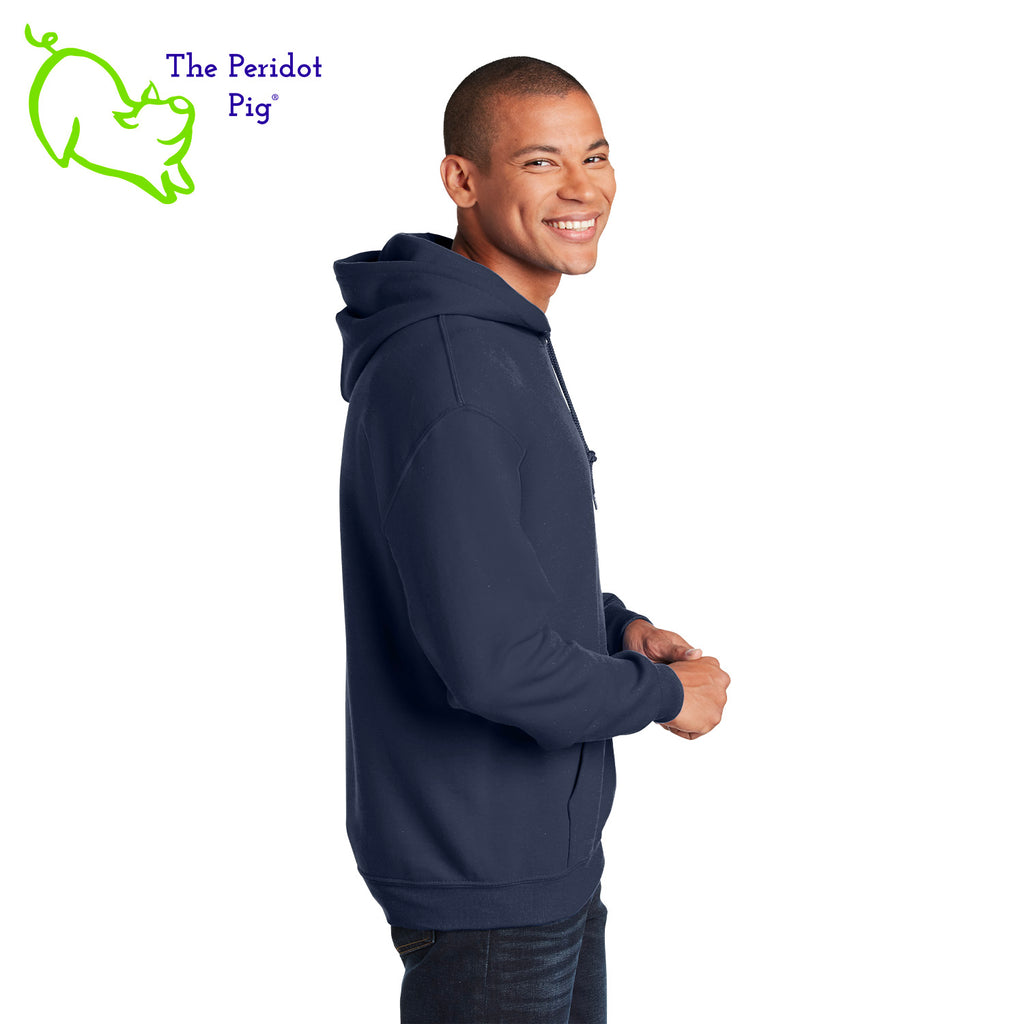 This warm, soft hoodie features the Healthy Pi logo in sparkly glitter on the front. It's available in three colors. Side view shown in Navy.