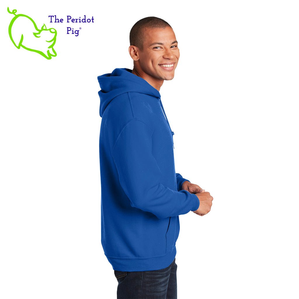 This warm, soft hoodie features our PI day InsPIre theme in vivid print on the front. It's available in four colors to help celebrate PI in style. Side view shown in royal.