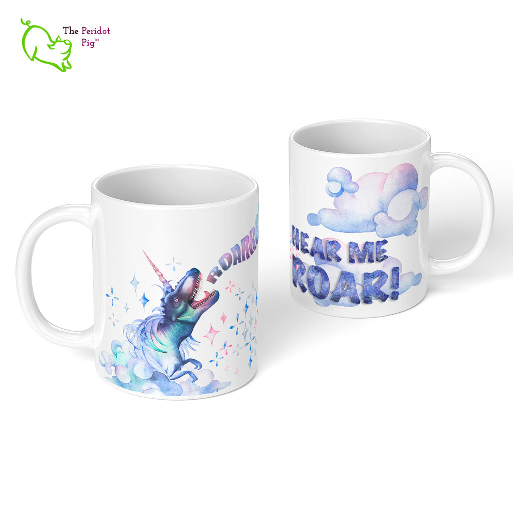 Express your individuality with this "HEAR ME ROAR!" dinocorn mug. When you're fierce like a T-Rex and unique as a unicorn, this is the mug for you or that favorite person in your life. Front and back view.