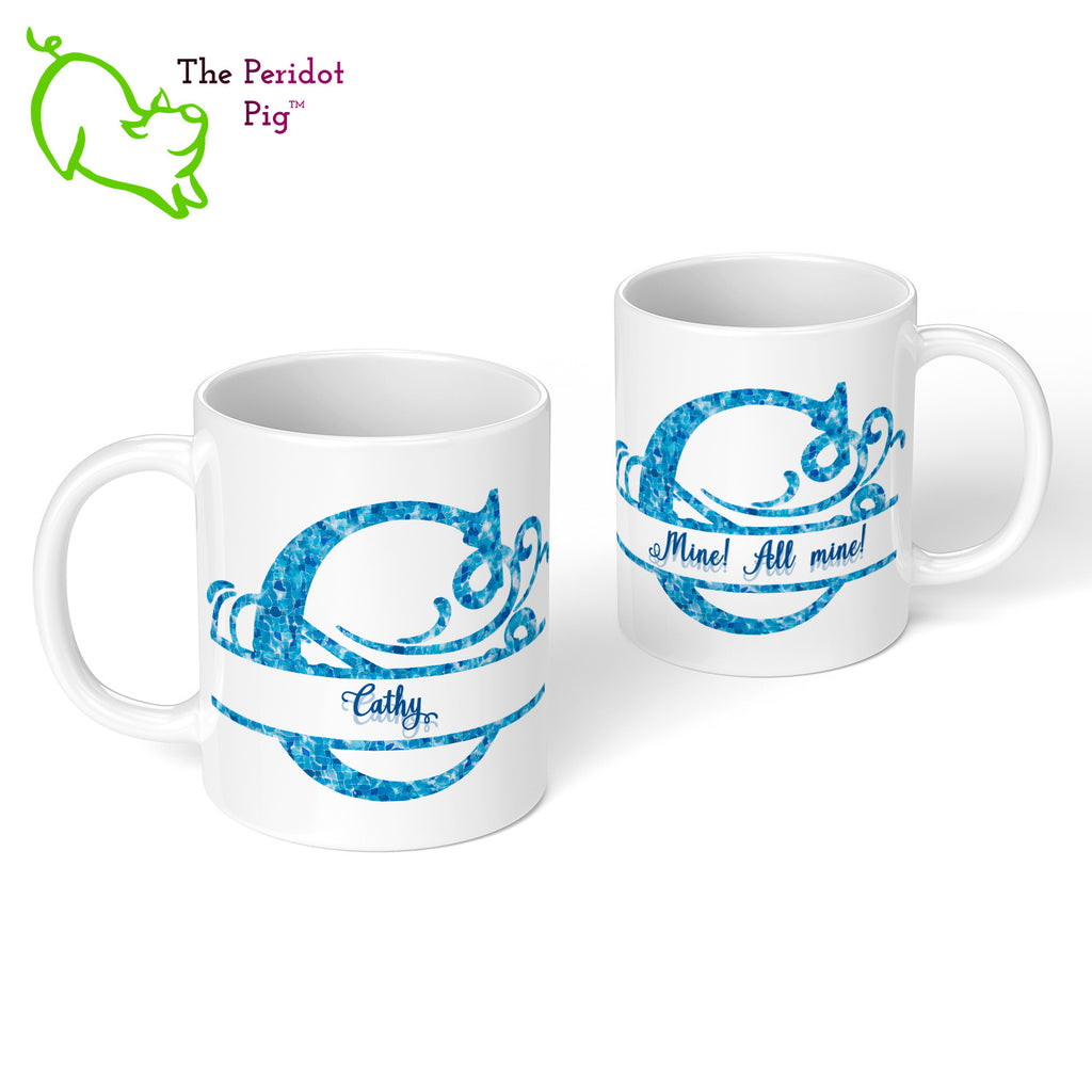 Sometime you just need a mug that screams, "hands off, Rob, that's MY mug!".  What better way than with a large monogram on both sides of this 11 oz mug. The monogram and print is in a bright cheerful tropical waters blue pattern. Front and back view with example text.