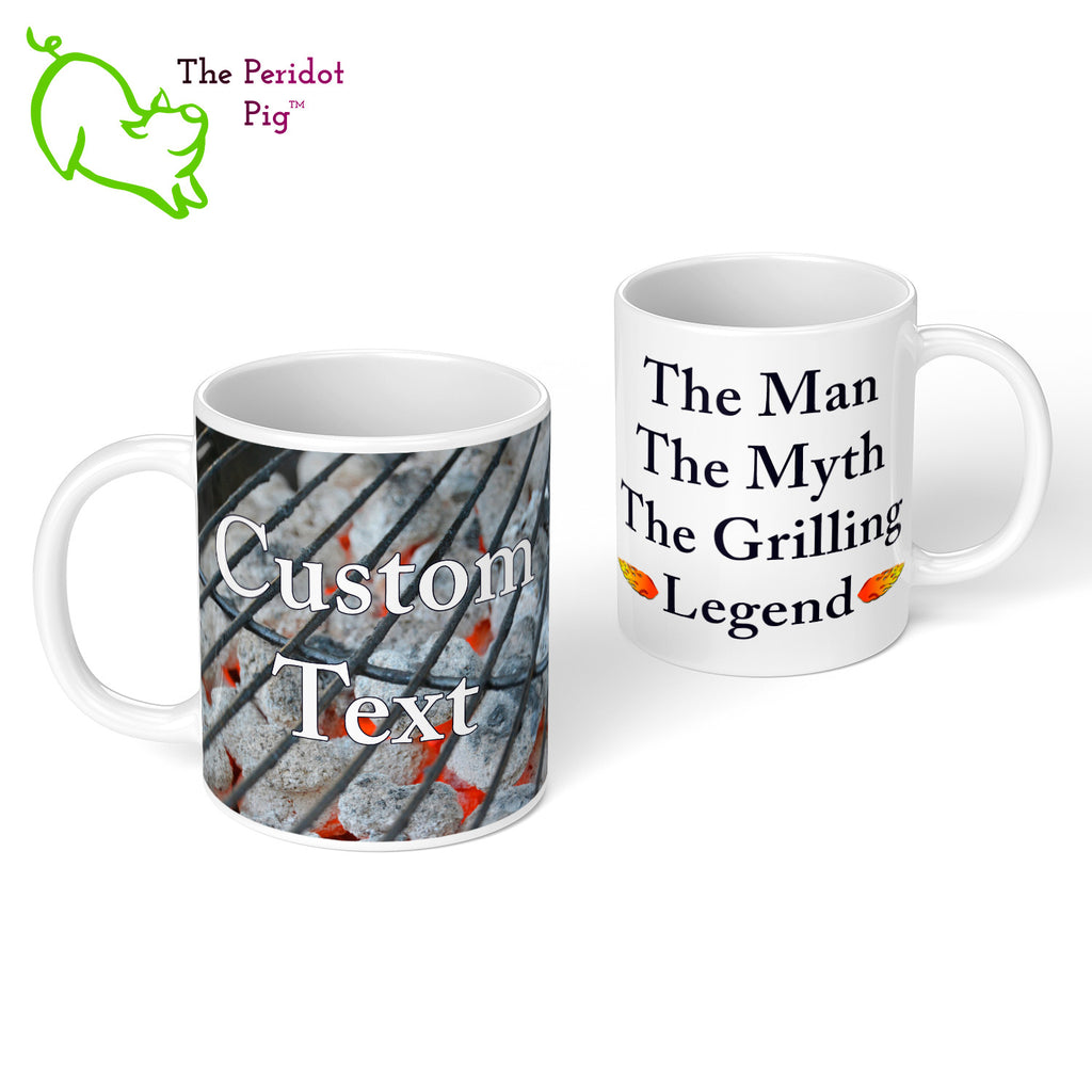 Got a grill master in your life? Consider our "too hot to handle" 11 oz coffee mug as a gift! These glossy white mugs feature hot coals in the background with text that can be personalized. You can add names, numbers, dates...the possibilities are endless. Style B front & back view.