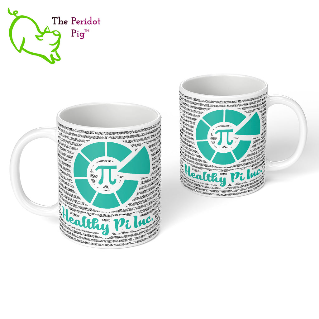 Would you like a little Pi to go with that coffee or tea? Here we have 5605 digits of Pi printed on a white, glossy 11 oz mug and featuring the Heathy Pi, Inc logo. Front and back view.