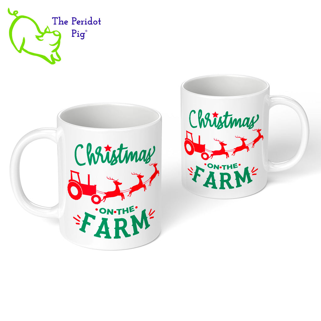 We live in Ohio and still regularly see tractors heading down the road from field to field.  When we saw this mug design, we had to have it! It would make the perfect gift for the farmer, gardener or rural friend. The design is printed in vivid, permanent color on both the front and back of the mug.  It's says, "Christmas on the Farm" with a little tractor being pulled by flying reindeer! Front and back view shown.