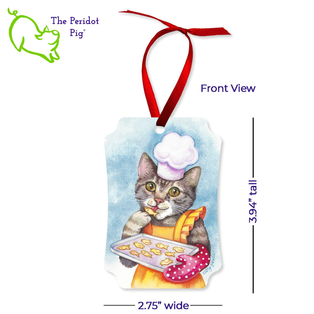 Why wait for Christmas?? This ornament features the colorful artwork of Cathy Pavia and would be the perfect gift for a cat lover or chef. You have a cool cooking kitty on the front, baking some little kitty snacks. They're dressed in a bright apron, chef's hat and a polka dot oven mitt. On the back, we continued the polka dot theme and added a section for your personalization. We've shown it here with a name and date but you can add almost any text. Front view shown with dimensions.