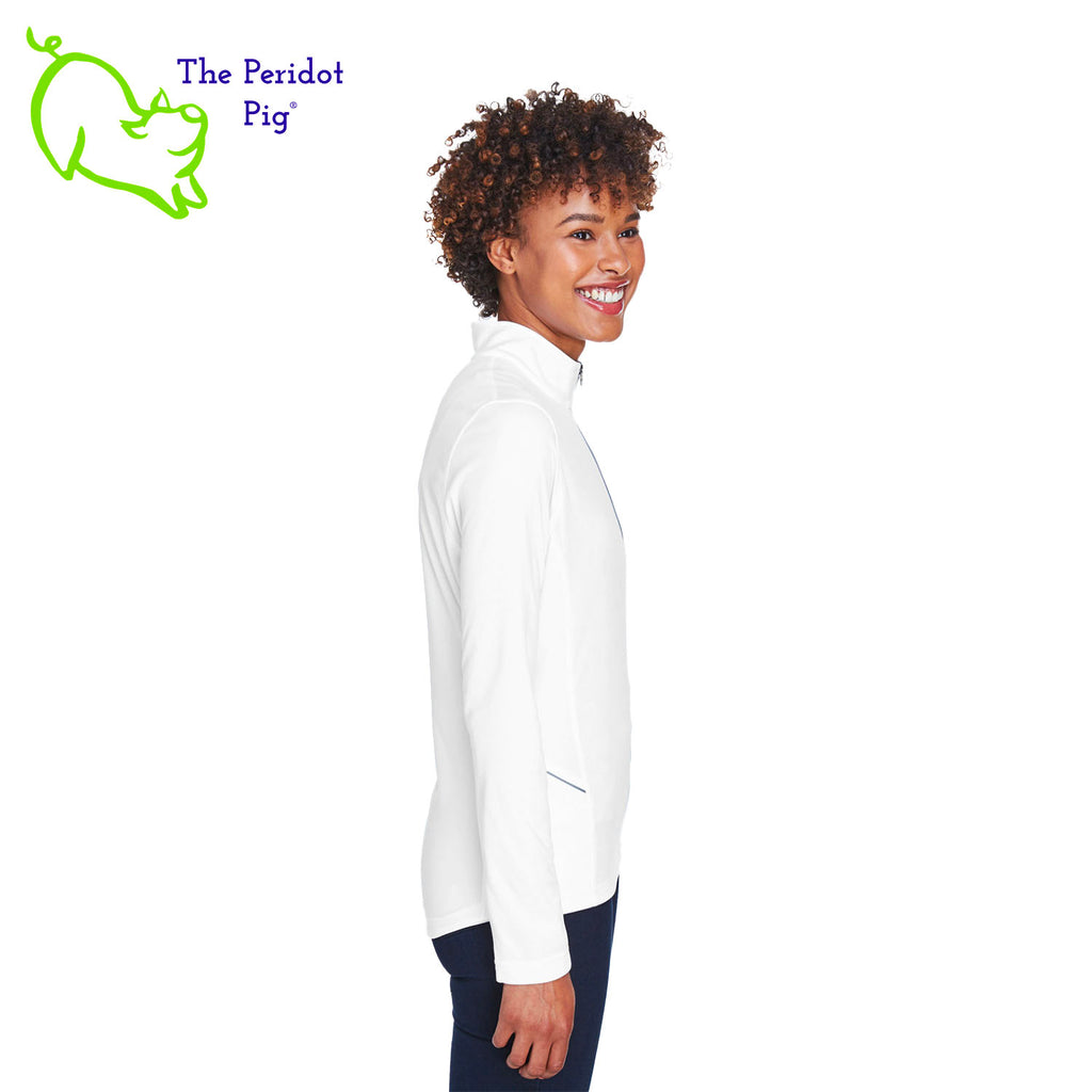 The Crushin' It! Logo long sleeve quarter-zip is cut in a stylish modern fashion. The front features a small version of the logo on the left pocket area. The back is blank. Side view shown in white.