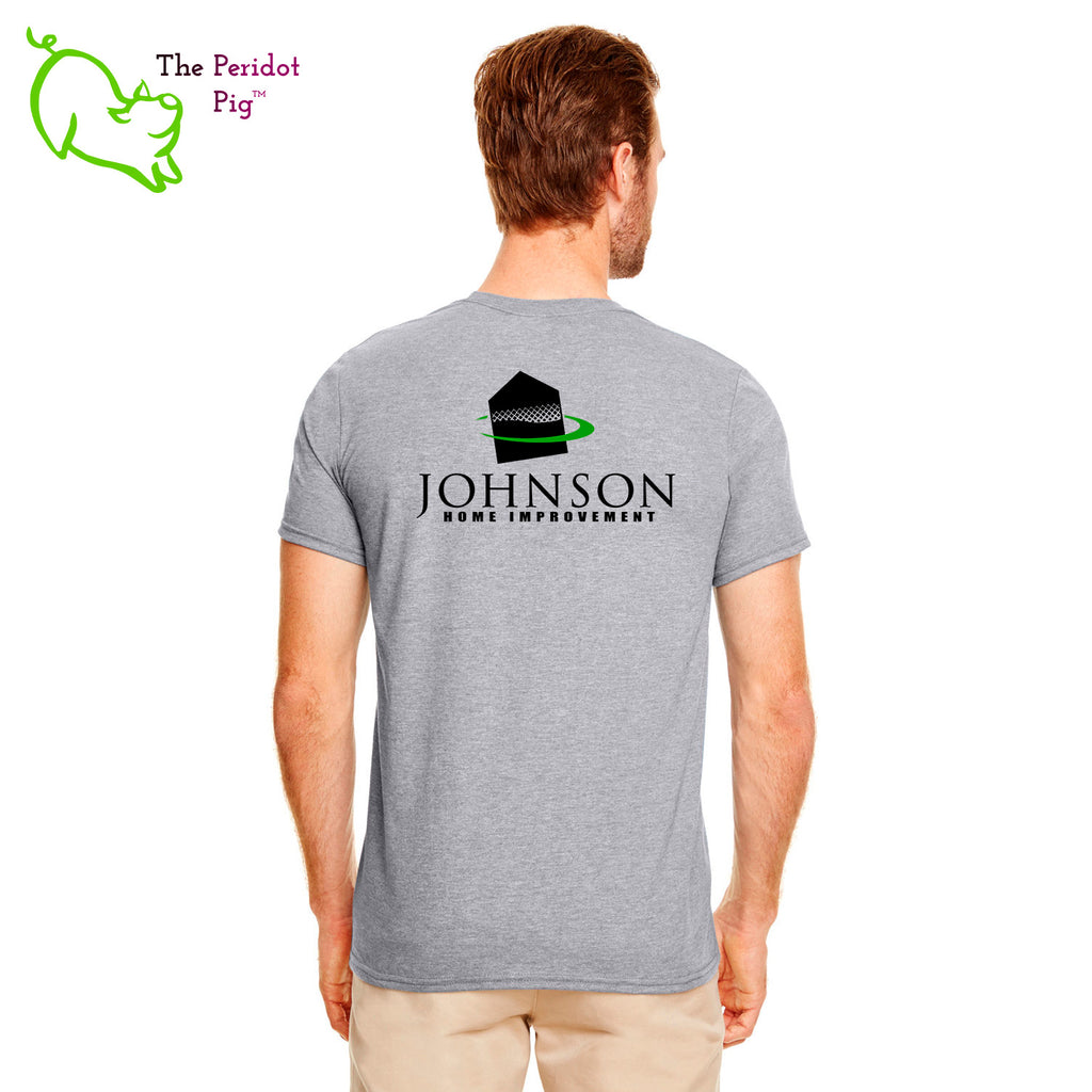 A short sleeve t-shirt featuring the Johnson Home Improvement logo on the left shoulder area. A larger version of the logo is printed on the back. Back view in Graphite Heather..