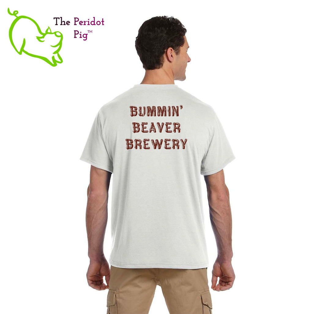 These t-shirts have a great weight and a super, soft feel. This style is cut in a modern crew neck. Not too tight on the fit. The front features the Bummin' Beaver Brewery logo and the back has the words, "Bummin' Beaver Brewery" in their woodsy font. Back view shown in white.