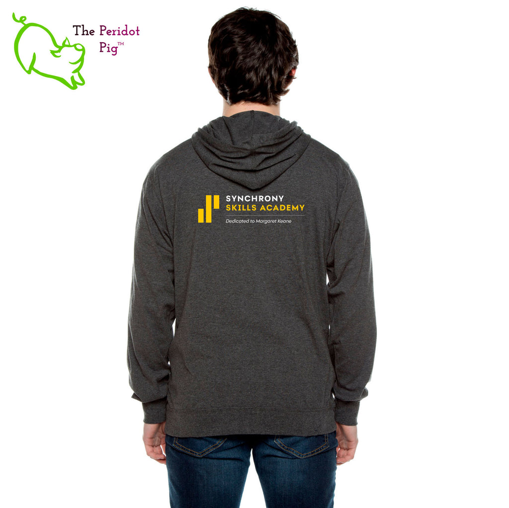 The Synchrony Financial Skills Academy Logo long sleeve t-shirt hoodie is a light-weight version of your classic pullover hoodie. The front features a small version of the logo on the left pocket area. The back has a larger version of the logo. Shown in charcoal, back view.
