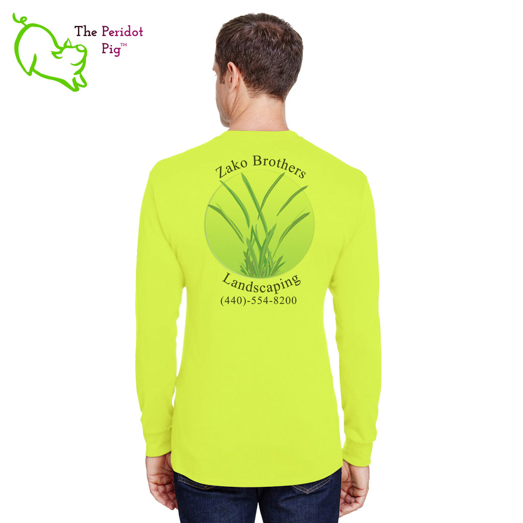 A saftey green long sleeve t-shirt featuring the Zako Brothers logo on the left front pocket. A larger version of the logo is printed on the back. Back view.