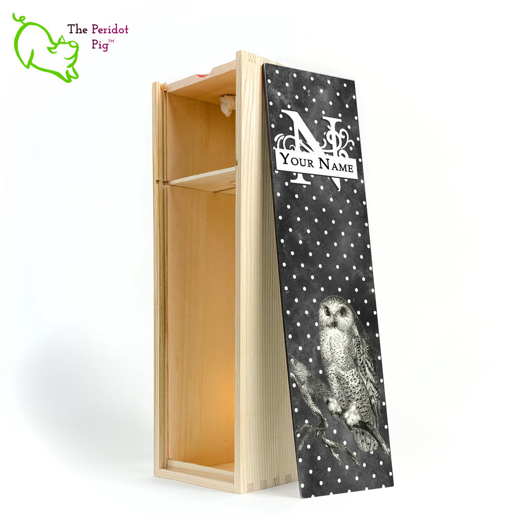 The wine box front panel is decorated in a glossy, detailed print with a white monogram and space for a customized name. This model has a smokey dark gray background with a pattern of white dots. In the foreground is a large black line drawing of an owl. Natural version showing the interior.