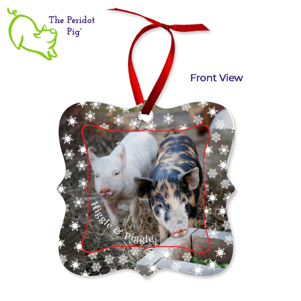 These aluminum ornaments can be printed in vivid color with the photo or artwork of your own choice. Both sides can be customized. The ornament is light weight for hanging on the tree and comes with a ribbon hanger. We've shown them here with the year on the back with a fun Christmas candy stripe pattern. On the front, choose from 5 different border styles. This style is best with a square picture. Front view shown with snowflake border.