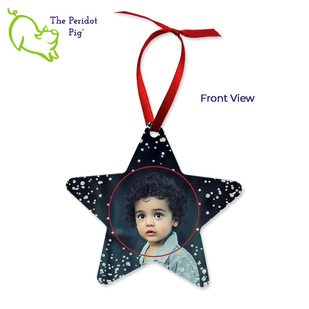 This ornament is perfect for the star in your life. We've shown them here with the name and year on the back with a fun Christmas candy stripe pattern. On the front, choose from 5 different border styles. This style is best with the text on the back but we can customize it in many different ways. Front view shown with diamonds.