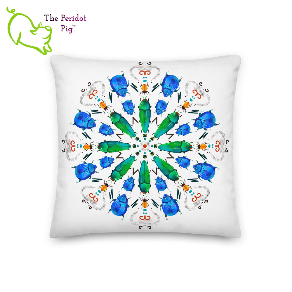 A colorful mandala of beetles graces this white pillow and is availble in either 18"x18" or 22"x22" sizes. The image is printed on both the front and back. The center beetles have shades of bright green.  The smaller beetles are blue and orange. 18" front view.
