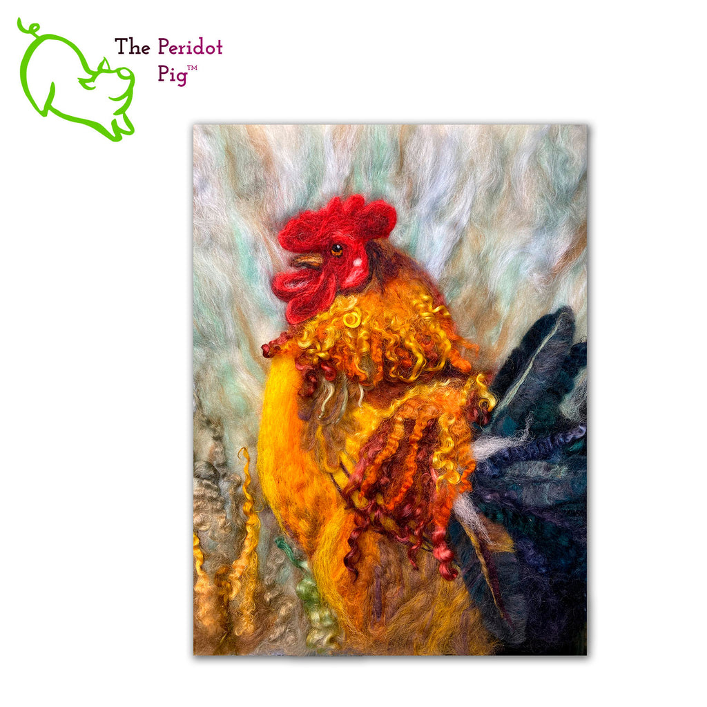 This needle felt 2D "painting" depicts a rooster in full color glory. It's crafted from 100% wool, even the feathers! Each one is unique and may vary a little in color and texture.  The art is needle felted onto a wool backing and measures 12 x 14 x .75".  Shown unframed.