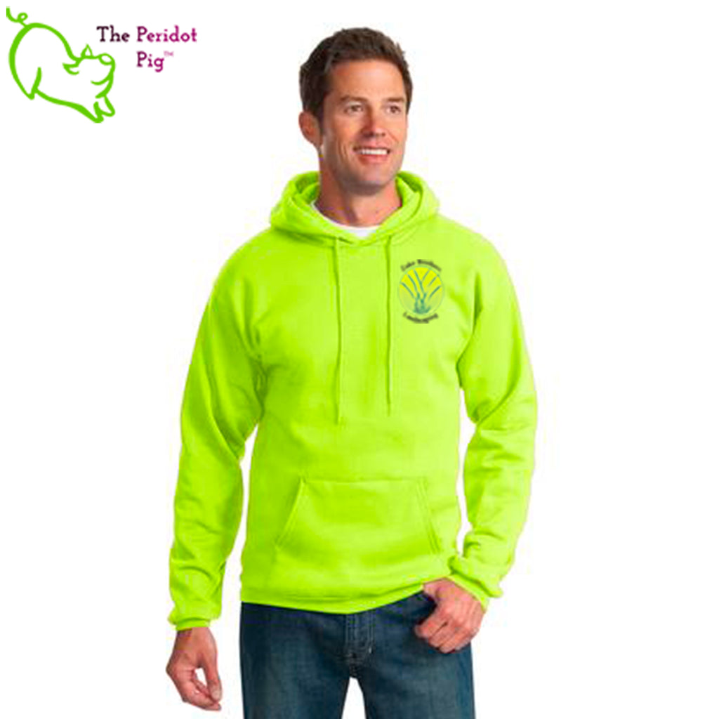 A saftey green long sleeve pullover hoodie featuring the Zako Brothers logo on the left shoulder area. A larger version of the logo is printed on the back. Front view.
