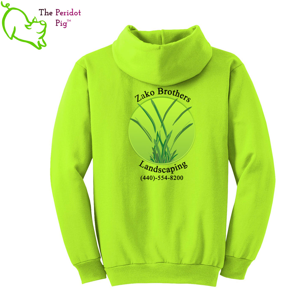 A saftey green long sleeve pullover hoodie featuring the Zako Brothers logo on the left shoulder area. A larger version of the logo is printed on the back. Back view flat.