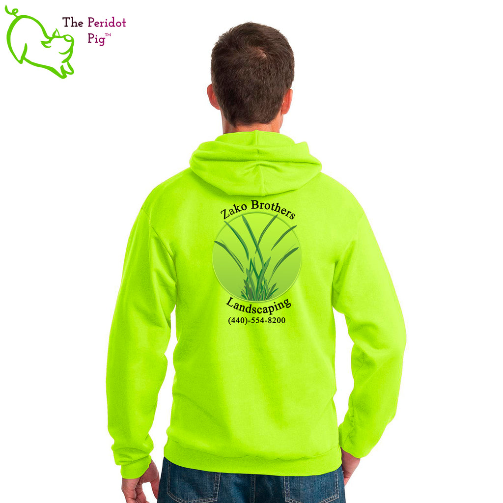 A saftey green long sleeve pullover hoodie featuring the Zako Brothers logo on the left shoulder area. A larger version of the logo is printed on the back. Back view.