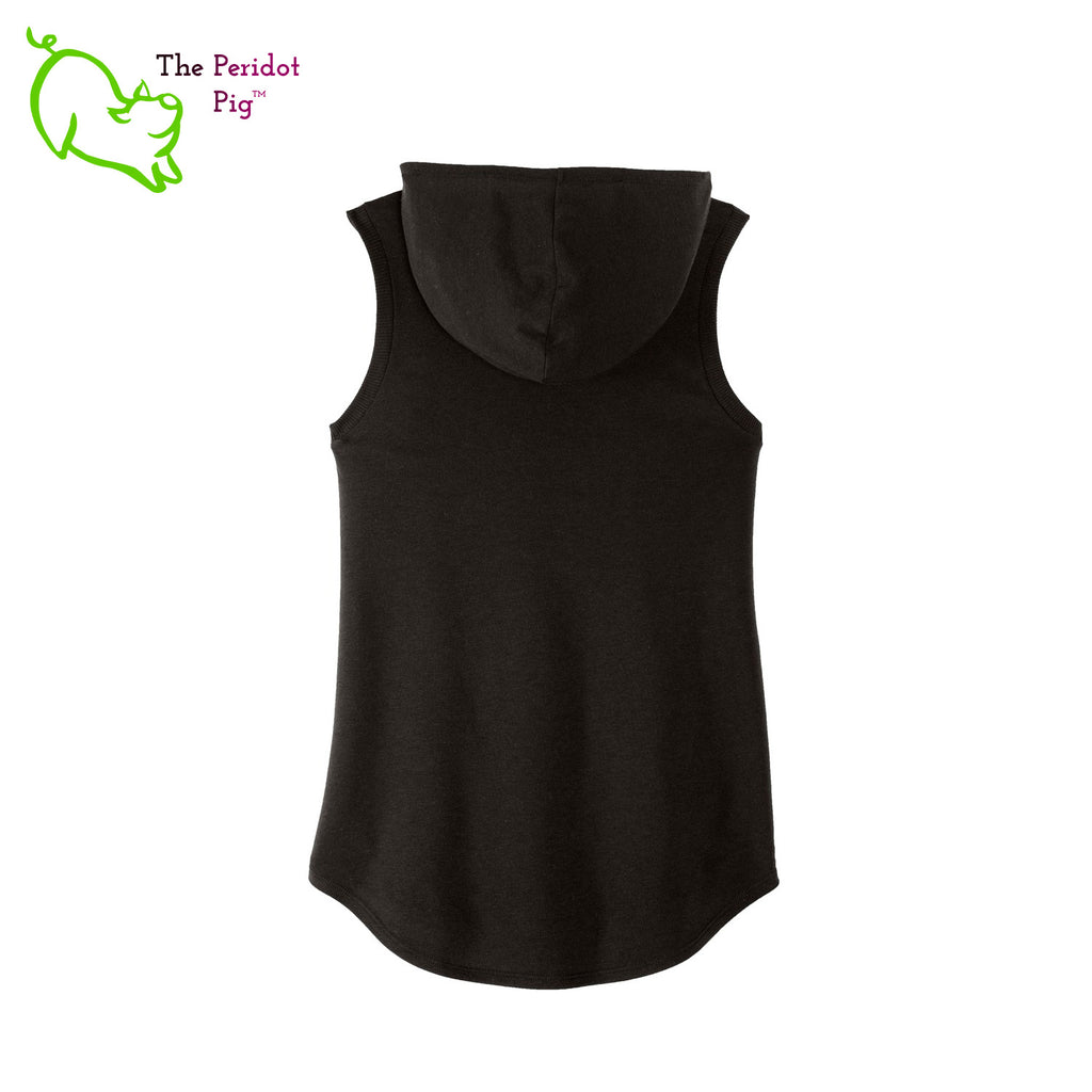 This sweet little hoodie tank is super soft, lightweight, and form-fitting (but not too tight in the mid-section) with a flattering cut. The arm holes have a finished rib knit edging. The front features Kristin Zako's logo and the back is blank. Back view in black.