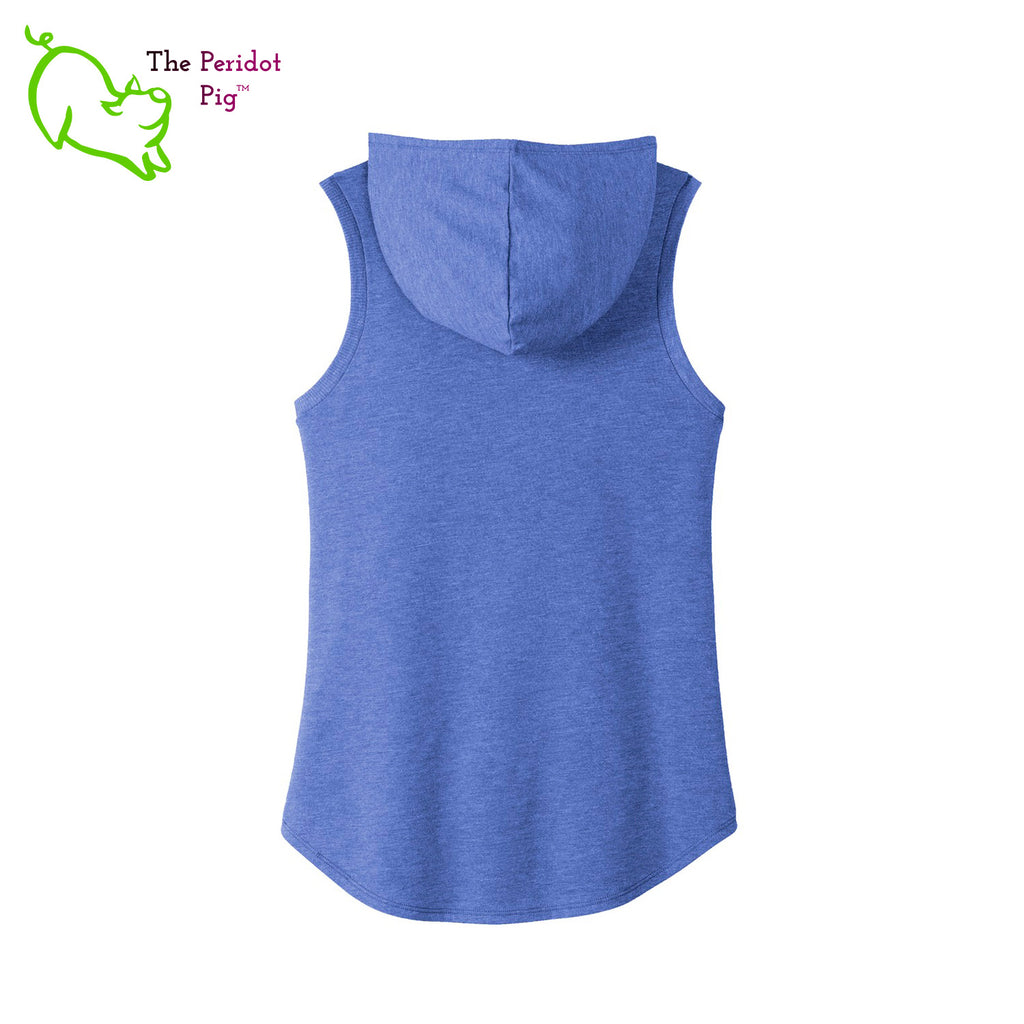 This sweet little hoodie tank is super soft, lightweight, and form-fitting (but not too tight in the mid-section) with a flattering cut. The arm holes have a finished rib knit edging. The front features Kristin Zako's logo and the back is blank. Back view in blue.
