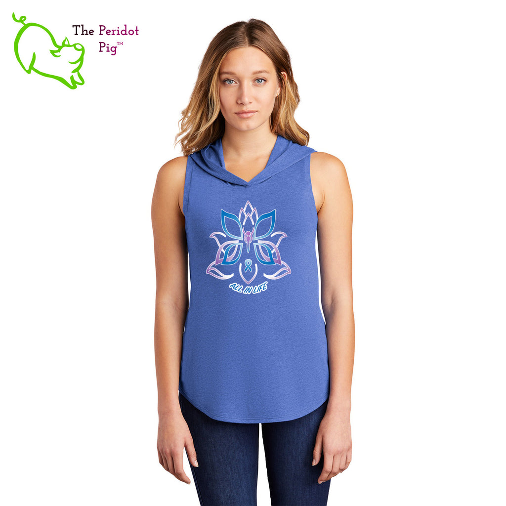This sweet little hoodie tank is super soft, lightweight, and form-fitting (but not too tight in the mid-section) with a flattering cut. The arm holes have a finished rib knit edging. The front features Kristin Zako's logo and the back is blank. Front view in blue.