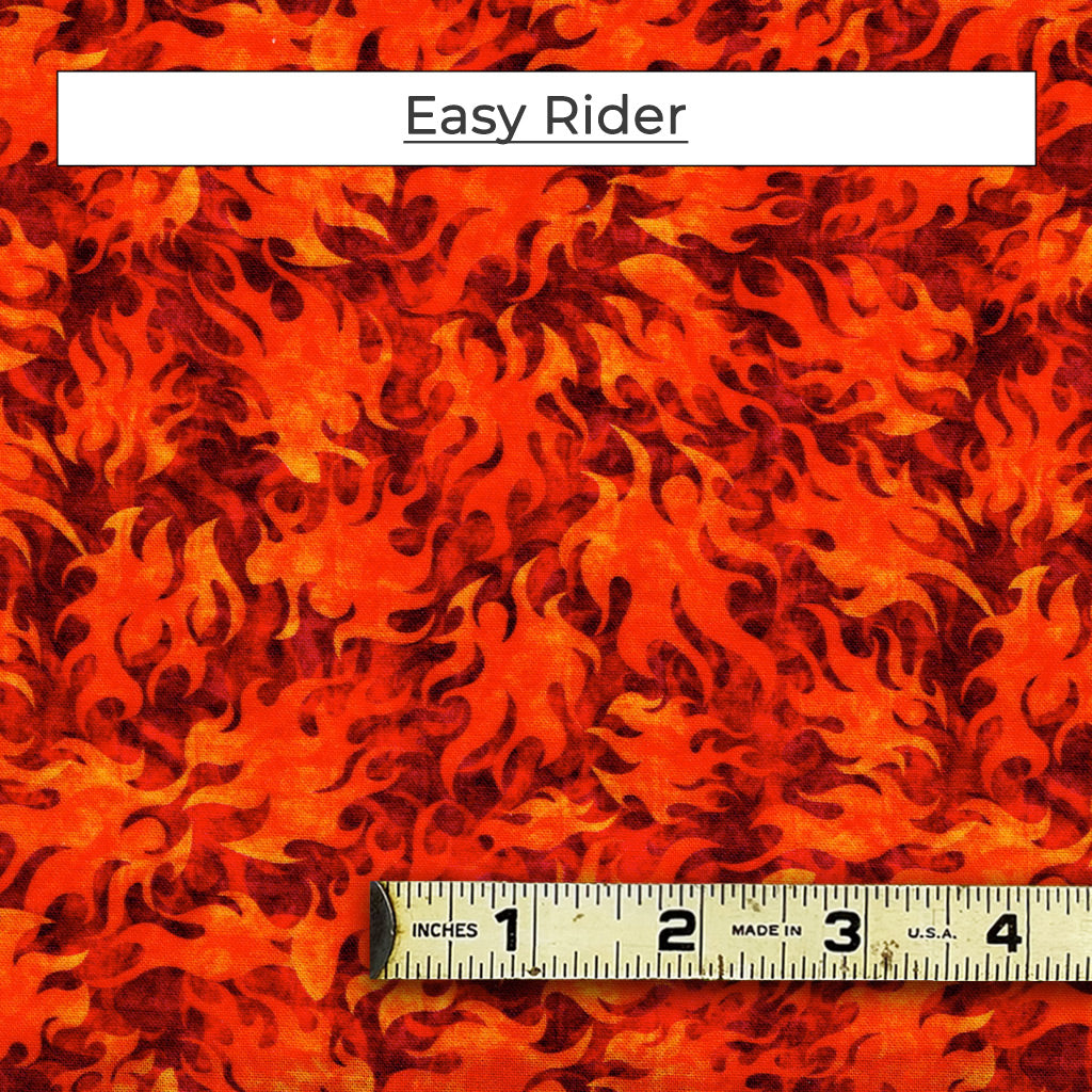 Mixed color fabric pattern of yellow, orange and red stylized flames called Easy Rider