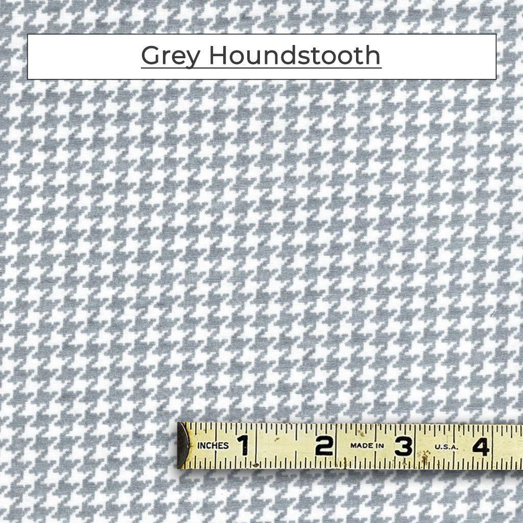 The Grey Houndstooth fabric is a mix of grey and white in a repeating houndstooth pattern. 