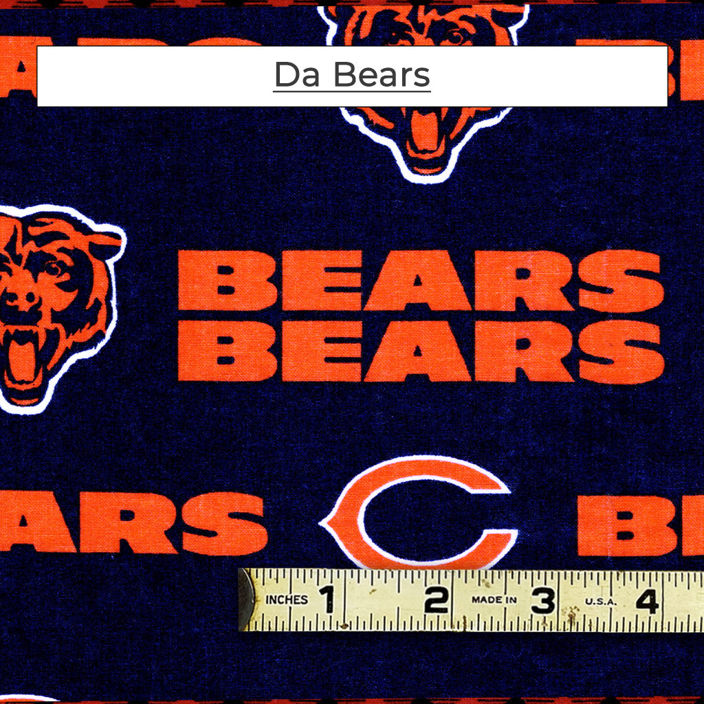 Da Bears is an orange and blue fabric pattern with Bear logos and text.