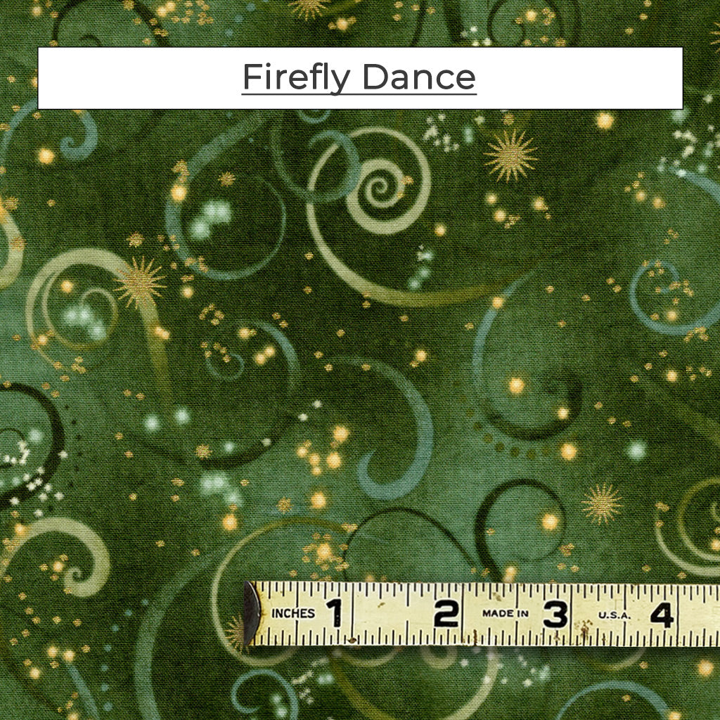 A green fabric with swoops and swirls in different shades of green and gold.  Called Firefly Dance