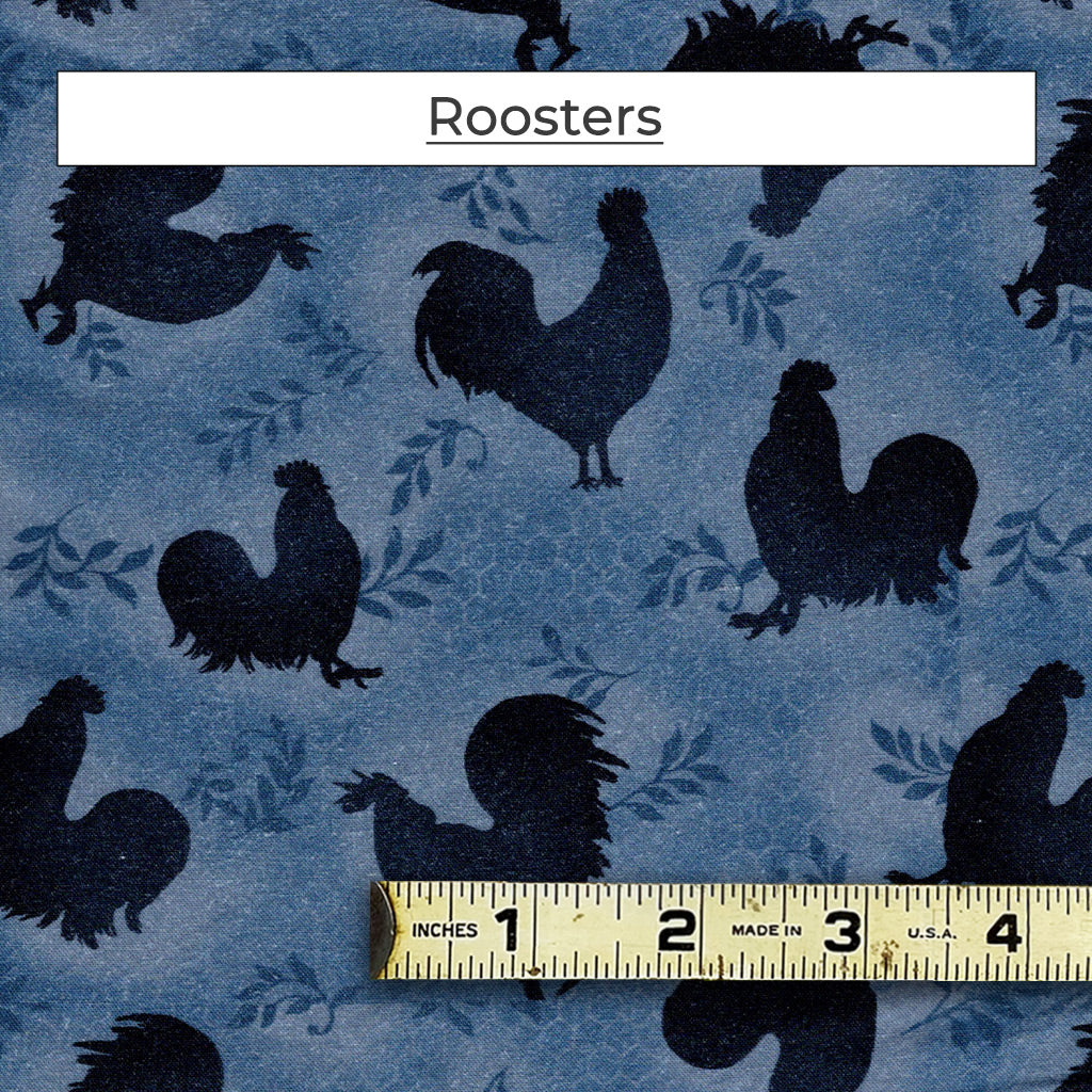 this mask has rooster silhouettes on a dusty blue background. There's a hint of honeycomb amongst the leaves.