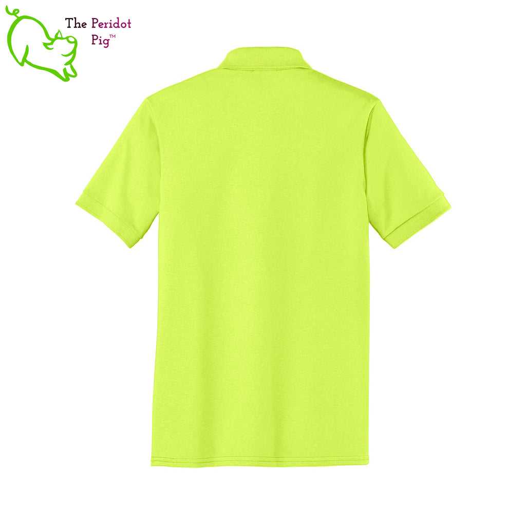 A saftey green short sleeve polo featuring the Zako Brothers logo on the left shoulder area. Back view.