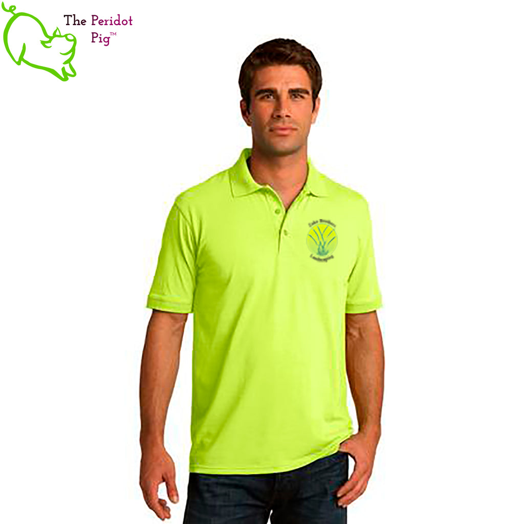 A saftey green short sleeve polo featuring the Zako Brothers logo on the left shoulder area. Front view